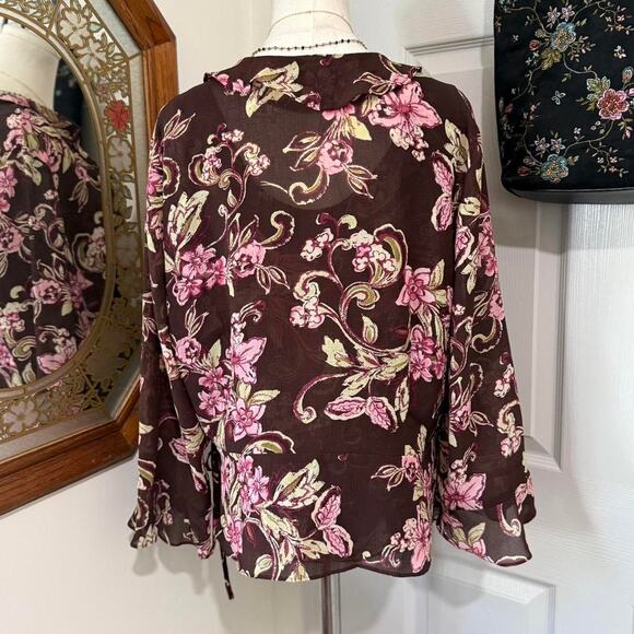 VTG Y2K Emma James Sheer Dark Brown Pink Floral Ruffled Bell Sleeve Wrap Top Set - Picture 5 of 8